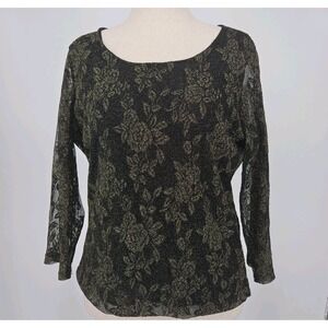 Jones New York Women's Top XL Black Gold Metallic Floral Sheer Overlay Long...